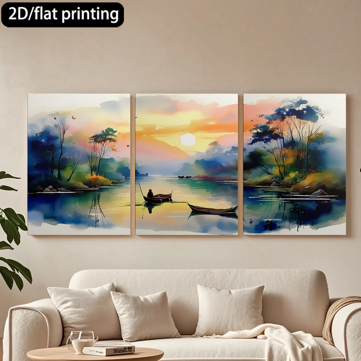

Набор из 3 картин на холсте в деревянных рамах: Декоративная живопись «Спокойная река на закате, рыбак, лодки». Украшение для коридора и спальни.