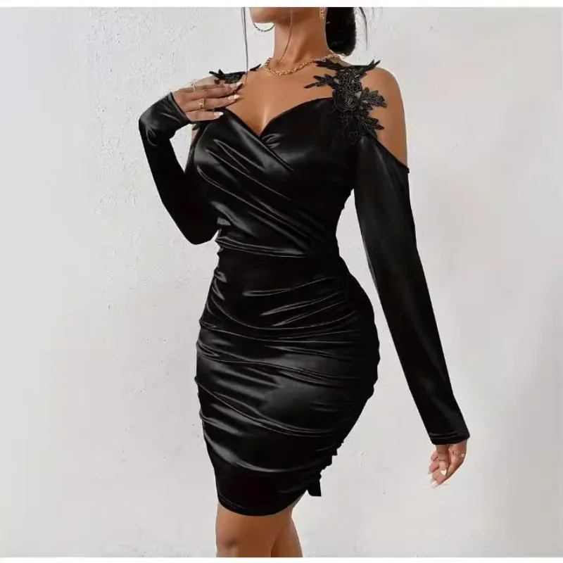 2025 Spring and Autumn New Satin, Elegant Lace Tight Skirt Pleated Skirt