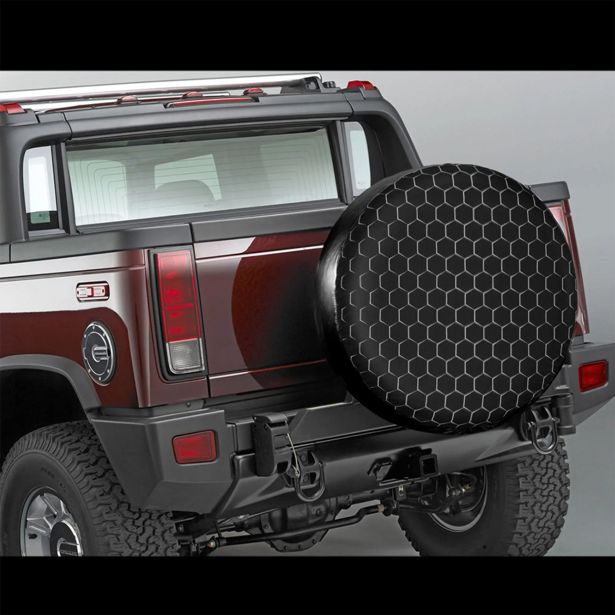 Single Pack Of Black And Silver Honeycomb Tire Cover Made From Polyester, Suitable For And Spare Tires Of Sizes 35.56cm, 38.1cm,