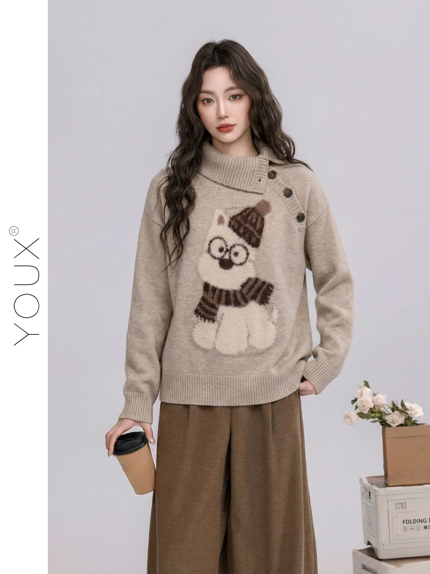 

Warm Fce Women's Sweater Cartoon Embroidery Gentle Dog Design Korean Sle Winter Top Soft Polyester Blend Long Sve Hig...