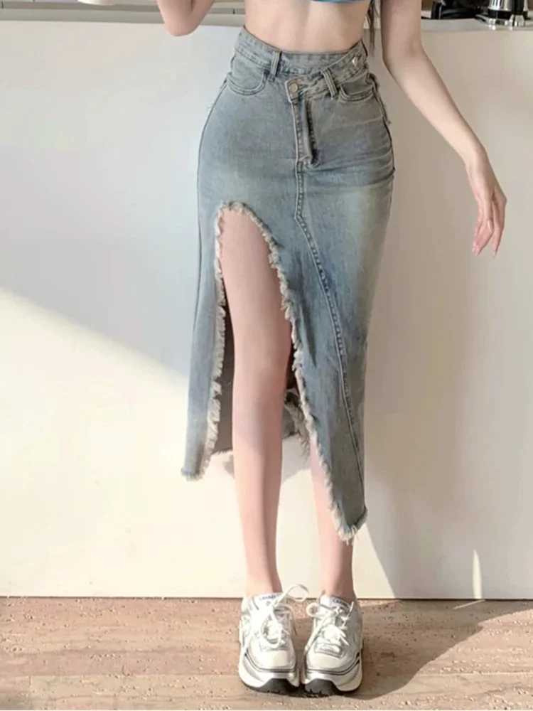 New Chicly irregolare Sexy Split Simple Women gonne estate Basic vita alta moda Vintage Washed Street Casual gonne femminili