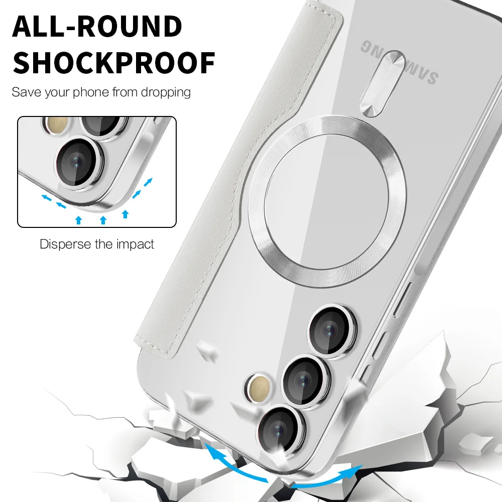 Luxury Flip Leather Card Clip Magnetic Phone Case for Samsung S26 S25 Edge S24 S23 Ultra S22 Plus A55 A35 Clear Wallet Cover