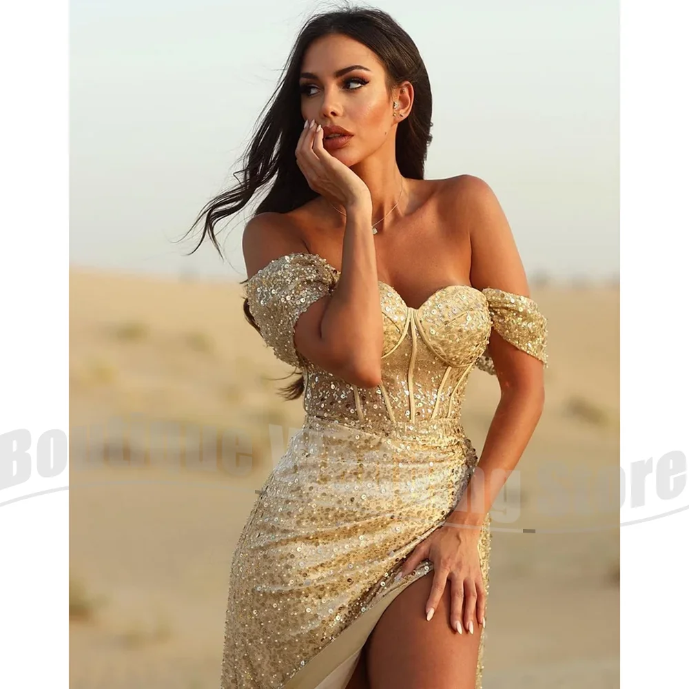 

Luxury Sequined Evening Dresses Off The Shoulder Women Prom Gowns Fashion Pleated Side Slit Wedding Party Customized Dresses