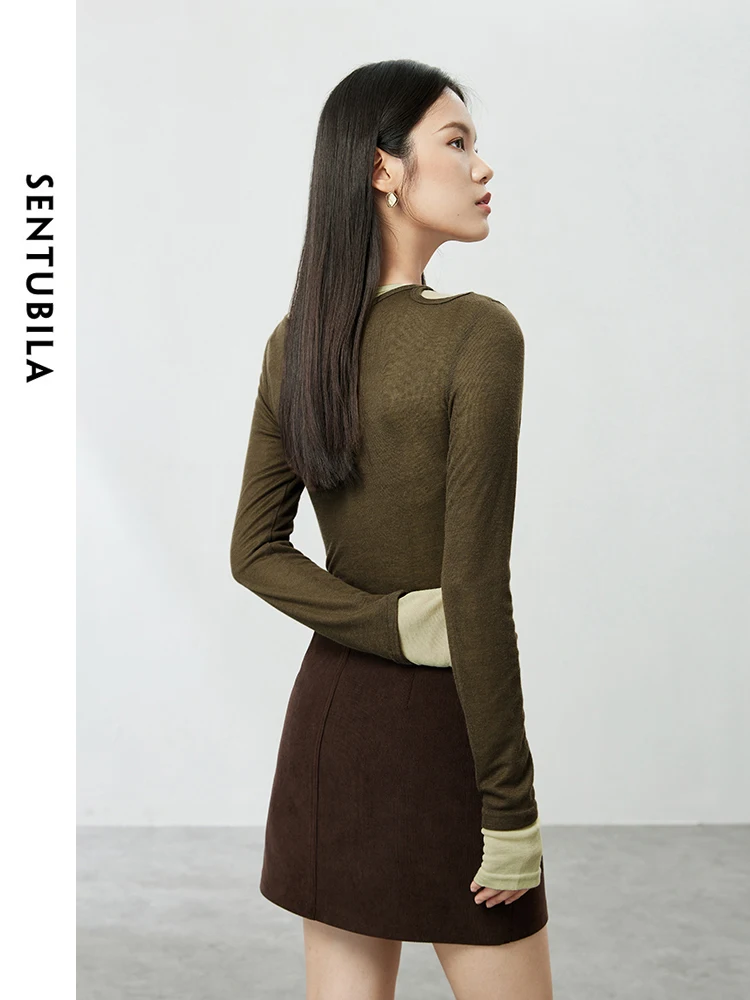 SENTUBILA Contrast Spliced Slim Pullover Women's Sweater 2024 Spring Comfort 2 in 1 Long Sleeve Knit Top Woman Clothes 141H53358