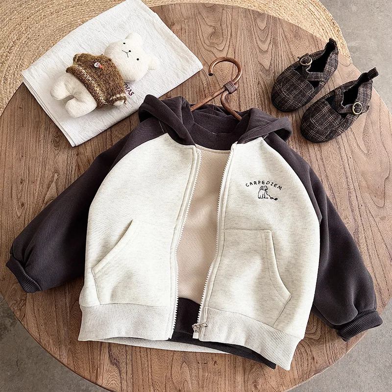 

UNITIM Toddler Boy Sweatshirt Patchwork Thick Warm Kid Baby Boy Open Coat Winter Hooded Cartoon Embroidery Little Boy Sweatshirt