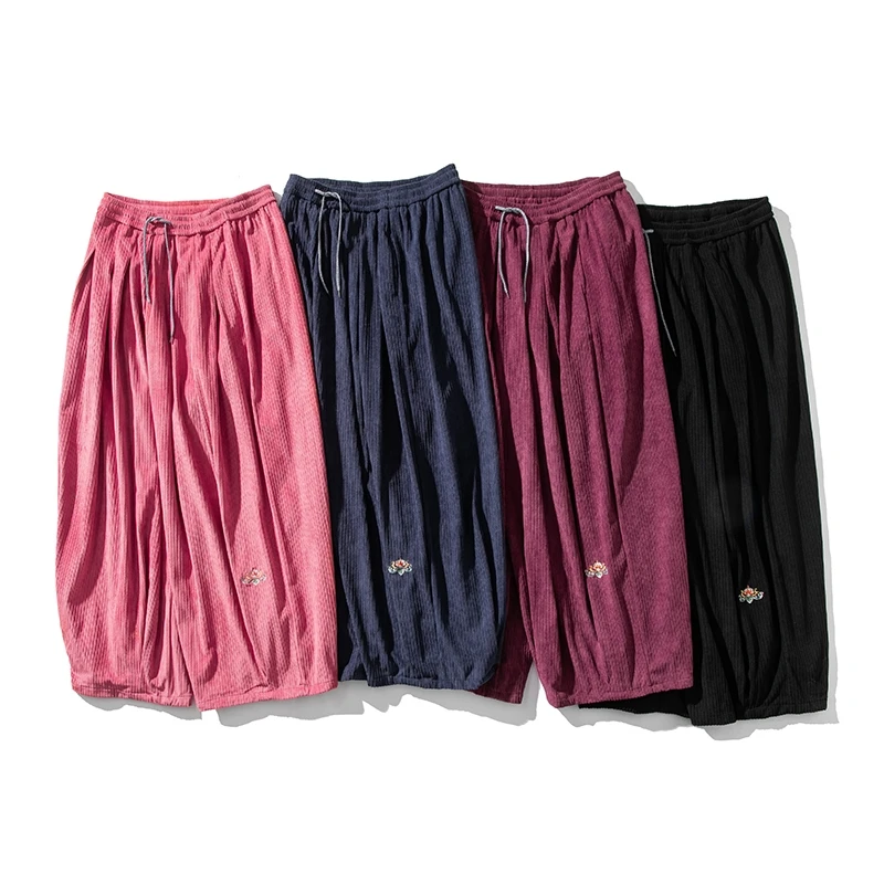 Japanese Style Corduroy Wide Leg Pants Loose Thick Warm Sweatpants Casual Embroidery Hip Hop Trousers for Men Women Streetwear