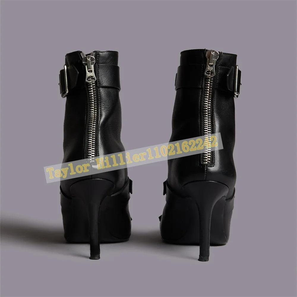 Women Black Pointed Toe Ankle Boots Buckle Strap Harness Boots Metal O Ring Studded Punk Gothic Motorcycle Biker Rock Club Shoes view 4