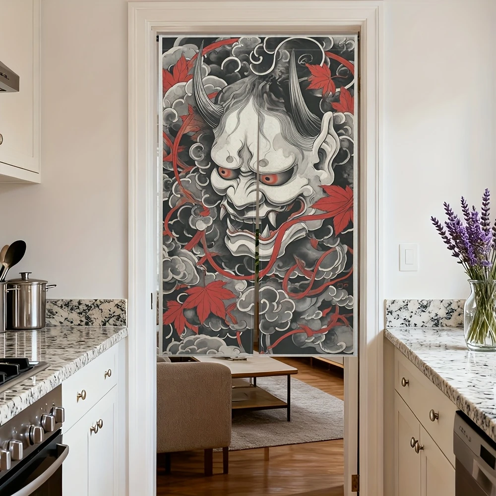 VIKAMA Japanese-Style Hannya Demon Face Half-Door Curtain, Tattoo Art Room Divider, Kitchen Dust-Proof Home Decor Curtain