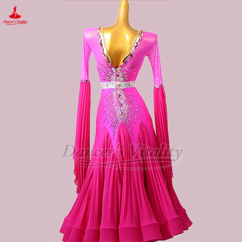 Moderne dans Internationale kampioenschap Rose jurk met lange mouwen High-end Foxtrot Waltz kostuum uitvoeren en wedstrijdkostuum aanpassen