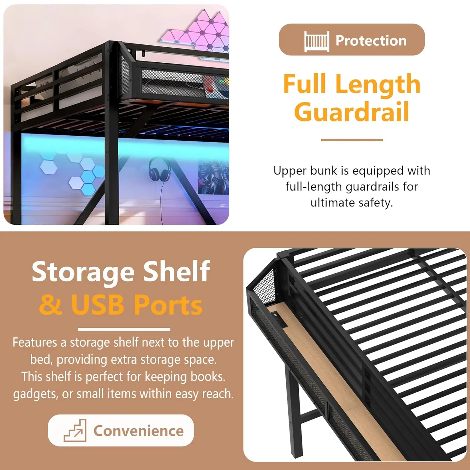 Twin XL Bed with Storage Stairs Shelves Wardrobe LED USB Noise-Reduced Natural Wood, Customized image 5
