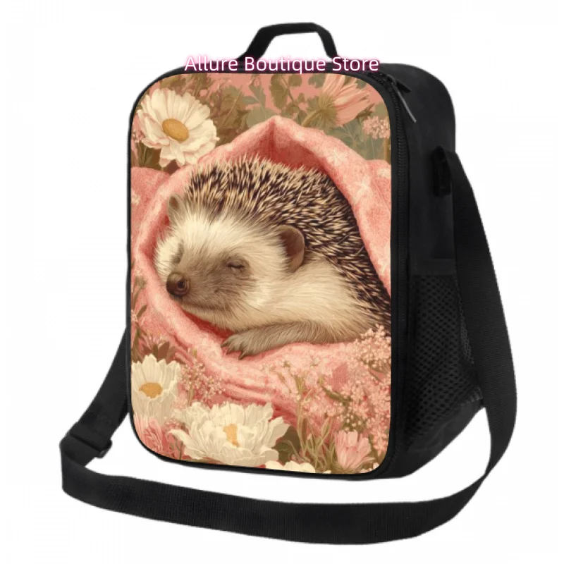 Women' Insulated Lunch Bag with Sleeping Hedgehog Pink Floral -Compatible Cooler Tote - Leakproof Oxford Fabric Thermal Box Suit