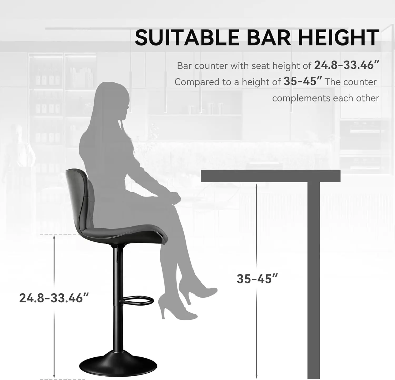 Set of 2, Height Bar Stools, Upholstered Faux Leather Bar Chairs with Metal Base, Modern Bar Stools for Kitchen Counter Dining R