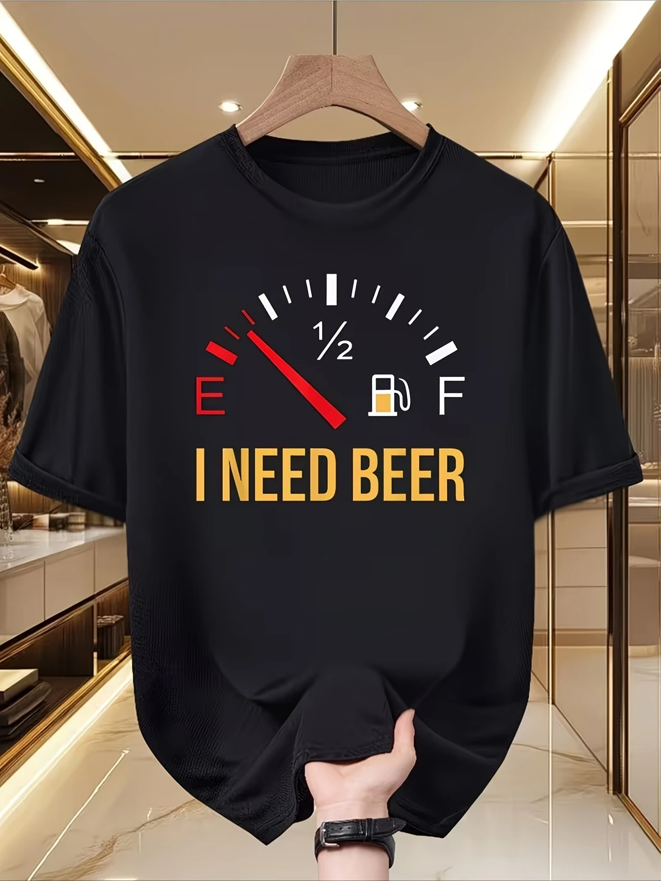 Oversized Cotton T-shirt I Need Beer Fuel Gauge Graphic Men Funny Summer Casual Navy Tee