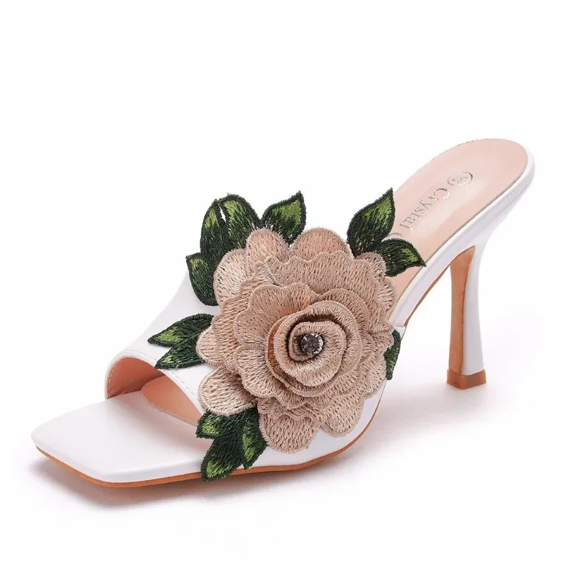 high heels for women sandals Square Toe Flower Slip On PU 9CM Thin Fashion Dress Sandals Women Shoes white slippers