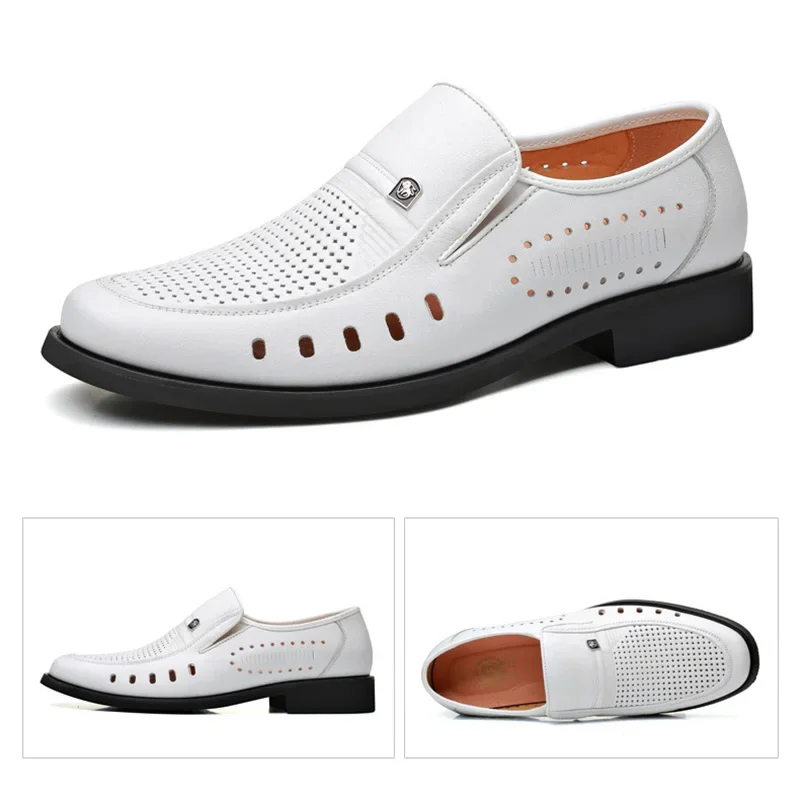 Zapatos informales de piel auténtica para hombre, calzado transpirable de marca, color blanco y negro, KA4499, verano, 2024