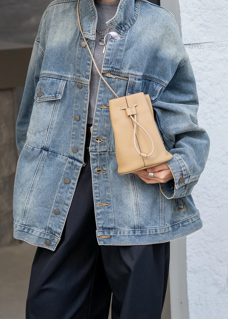 New Genuine Leather Small Women Bag Fashion Drawstring Shoulder Bag Luxury Designer Mobile Phone Shoulder Handbag