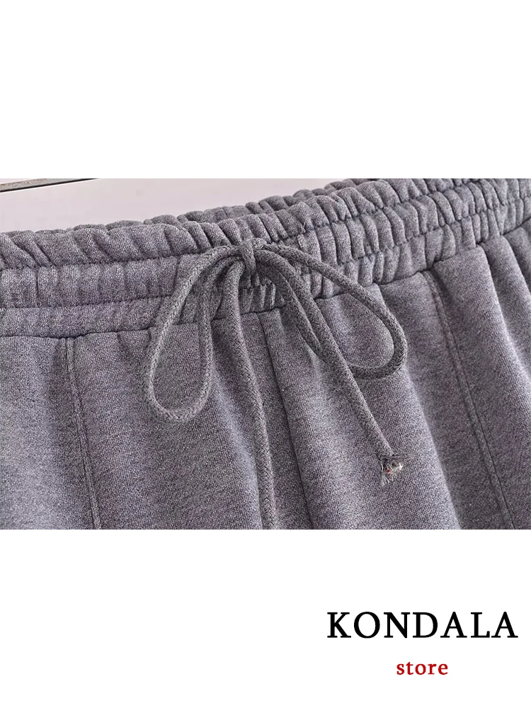 KONDALA Casual Gray Sports Women Suits Long Sleeve Zipper Jackets+Elastic Waist Wide Leg Pants Fashion 2023 Autumn Winter Suits