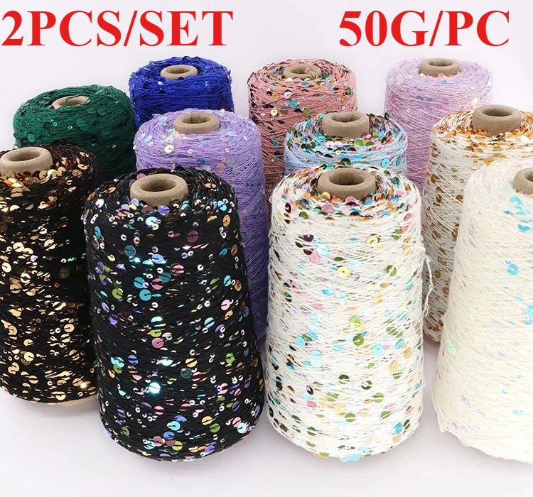 

2 шт., 100 г, хлопковая пряжа с блестками, 6 мм + 3 мм, роскошная блестящая пряжа для ручного вязания, шарфы «сделай сам», шапки, перчатки, блестящий материал для рукоделия