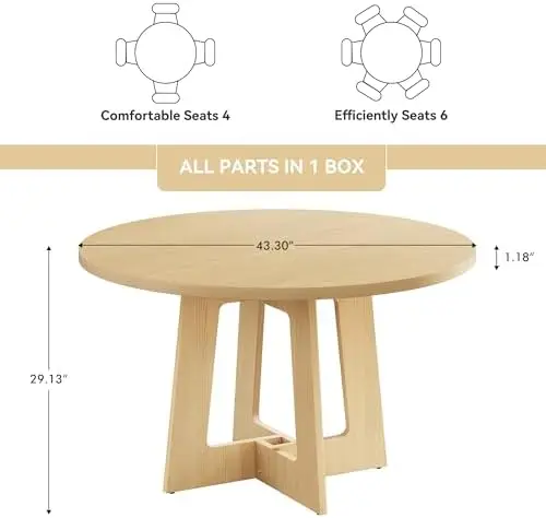 Round Dining Table for 4, Farmhouse Kitchen Table, Wooden Circle Table, 300lb Capacity & Easy Assembly for Home Dining