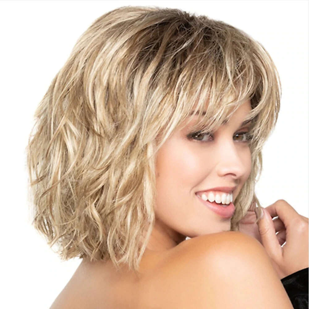 HAIRJOY Short Blonde Wigs for Women Synthetic Hair Wig Curly with Bangs