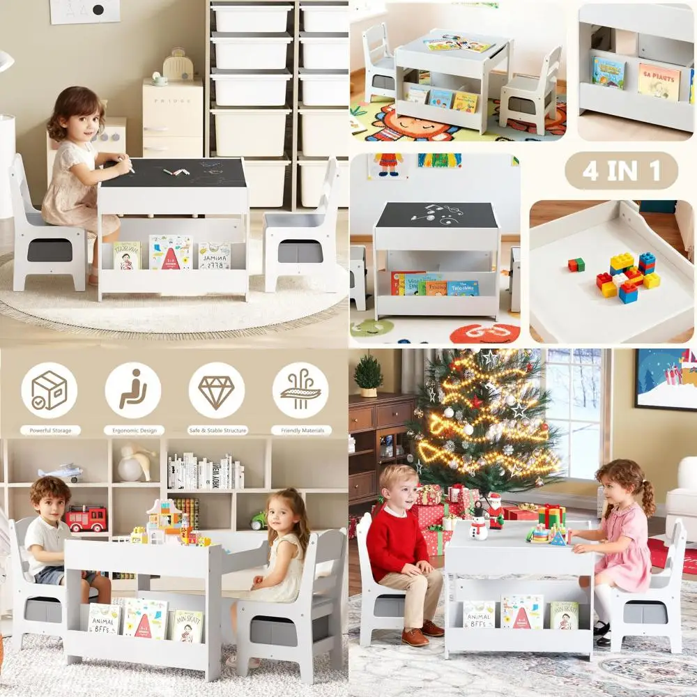 

4-in-1 Kids Activity Table with Bookcase, Blackboard, Chairs, Grey Playroom Furniture Set