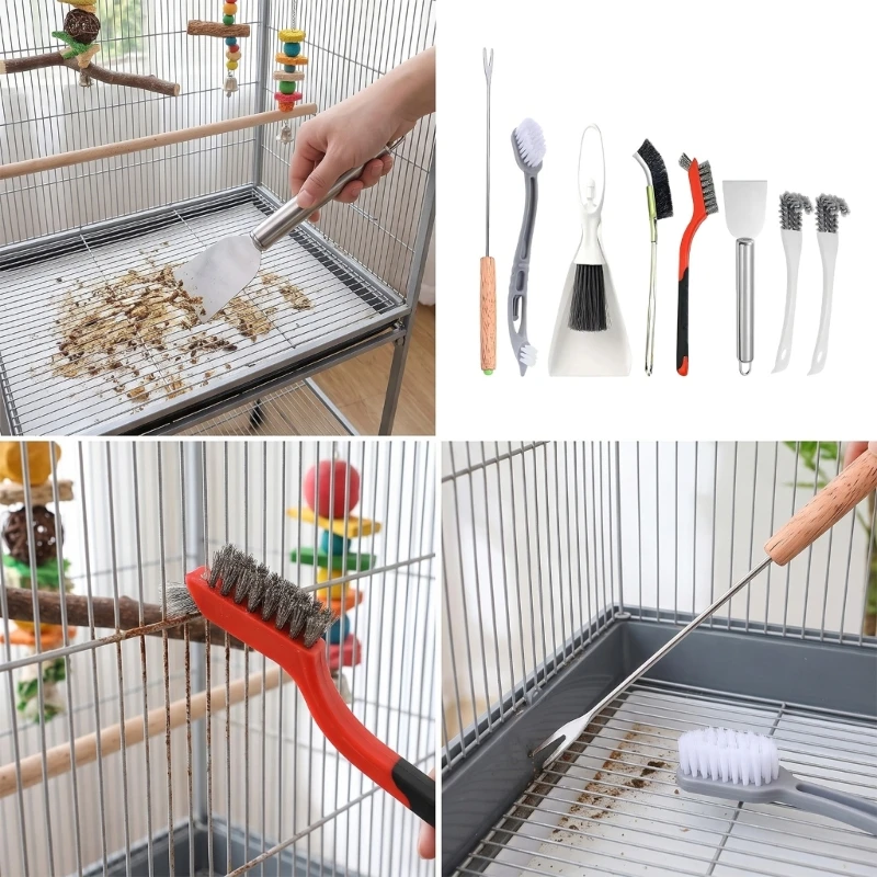 Pet Bird Cage Cleaning Tool Set, 8 Piece Care Set with Pick, Wire Brush, Tray Brush and Fine Detail Brushes for Routine Pet Cage