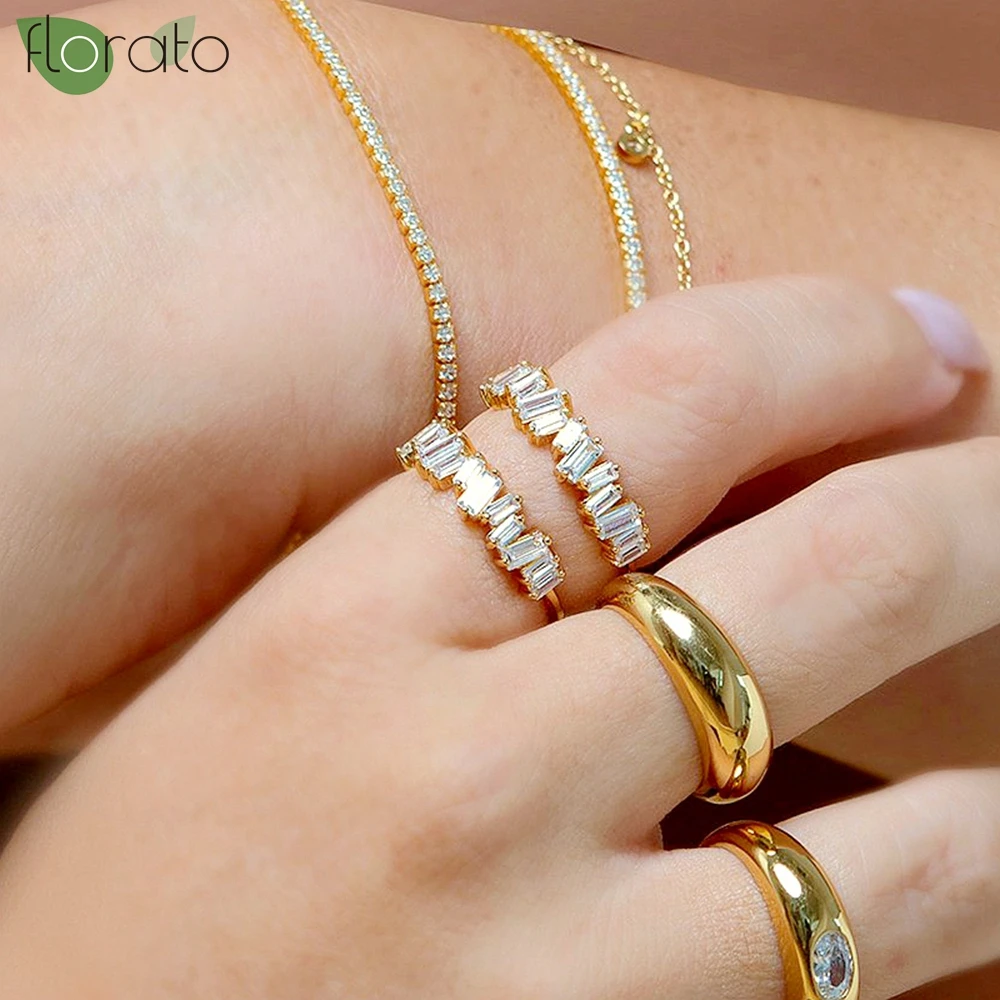 

White Rectangular Zircon Rings Gold-Plated\Silver Luxury Pave Crystal Ring Fashion Finger Fine Jewelry Couple Wedding Rings