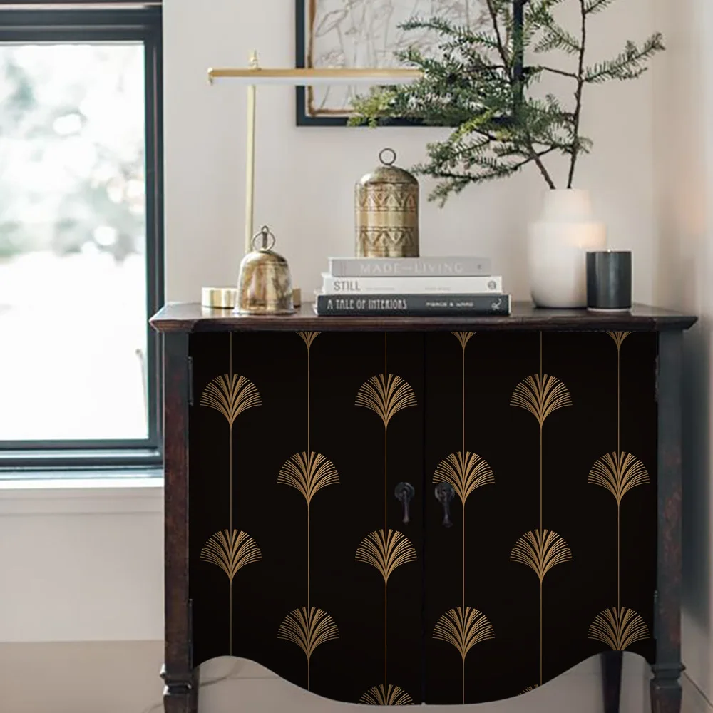 Gold Fan Wallpaper Geometric Waterproof Self Adhesive Furniture Sticker Black Contact Paper for Drawer Dresser Home Decor