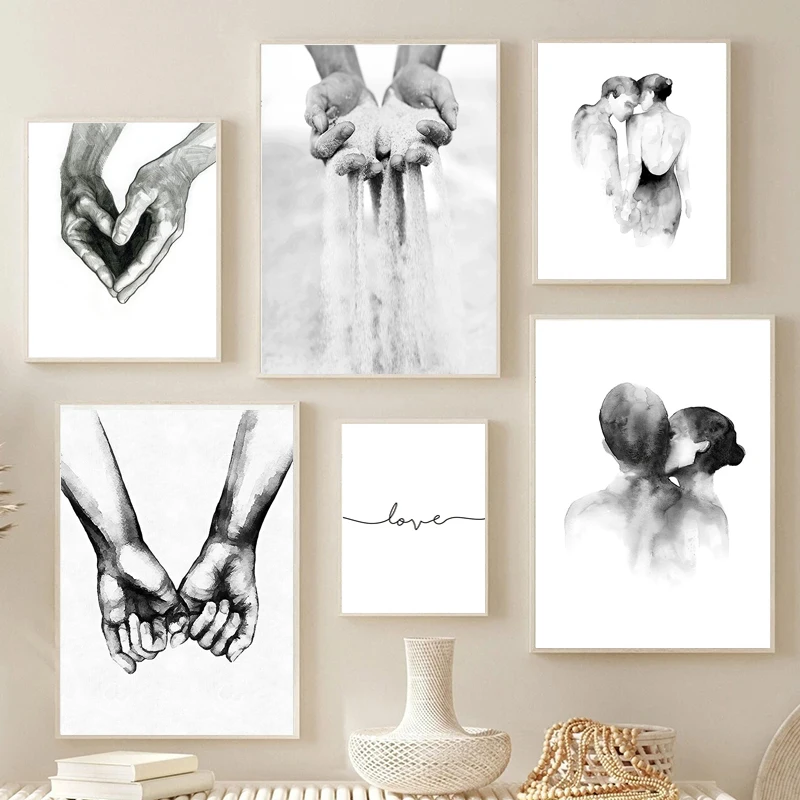Nordisches Schwarz-Weißes Kuss-Handbild Wandkunst Leinwanddruck Minimalistisches Abstraktes Poster Liebeszitate Gemälde Heimdekoration