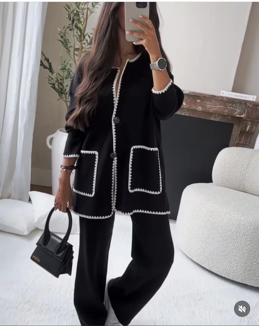 Autumn Winter Women Casual Jacket Tops And Wide Pants Set Office Lady Outerwear Woolen Coat Suit Two Piece Set Women Outfit