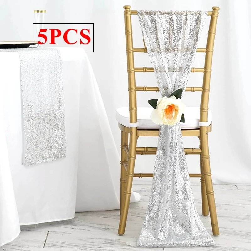 Silver Color Sequin Chiavari Chair Sash Tie Bow Chair Band For Wedding Event Party Decoration