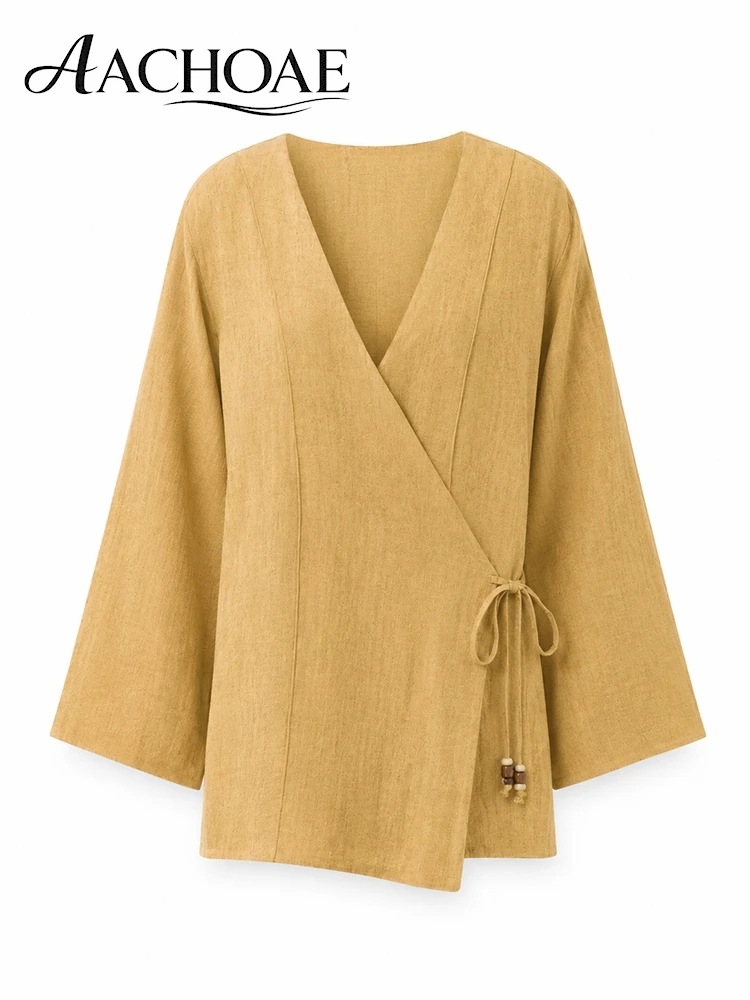 AACHOAE Women Wrap Blouse V Neck Long Sleeve Tunic Top Loose Fit Boho Linen Look Side Tie Shirt Casual Elegant Resort Wear Top