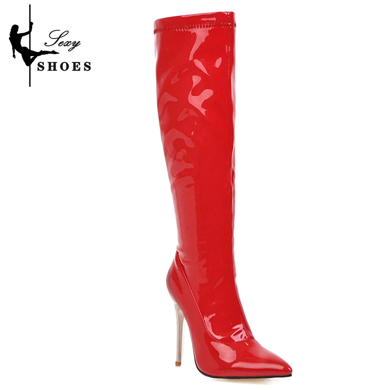 Knee-High Women\'s Boots Fashion Pointed Zipper High Heel 10cm High Tube Sexy Ladies Boots Plus size 34-48 Gothic Fetish Stiletto