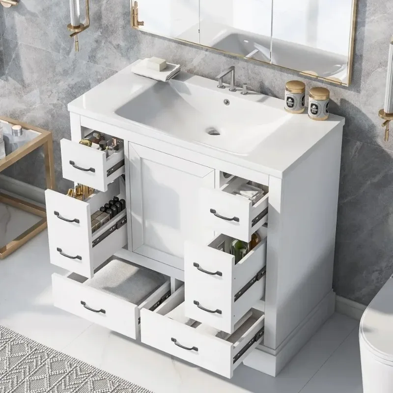 bathroom cabinet Bathroom Vanity with Sink, Free Standing Single Basin Vanity Set with 6 Drawers & One Cabinet with Adjustable 