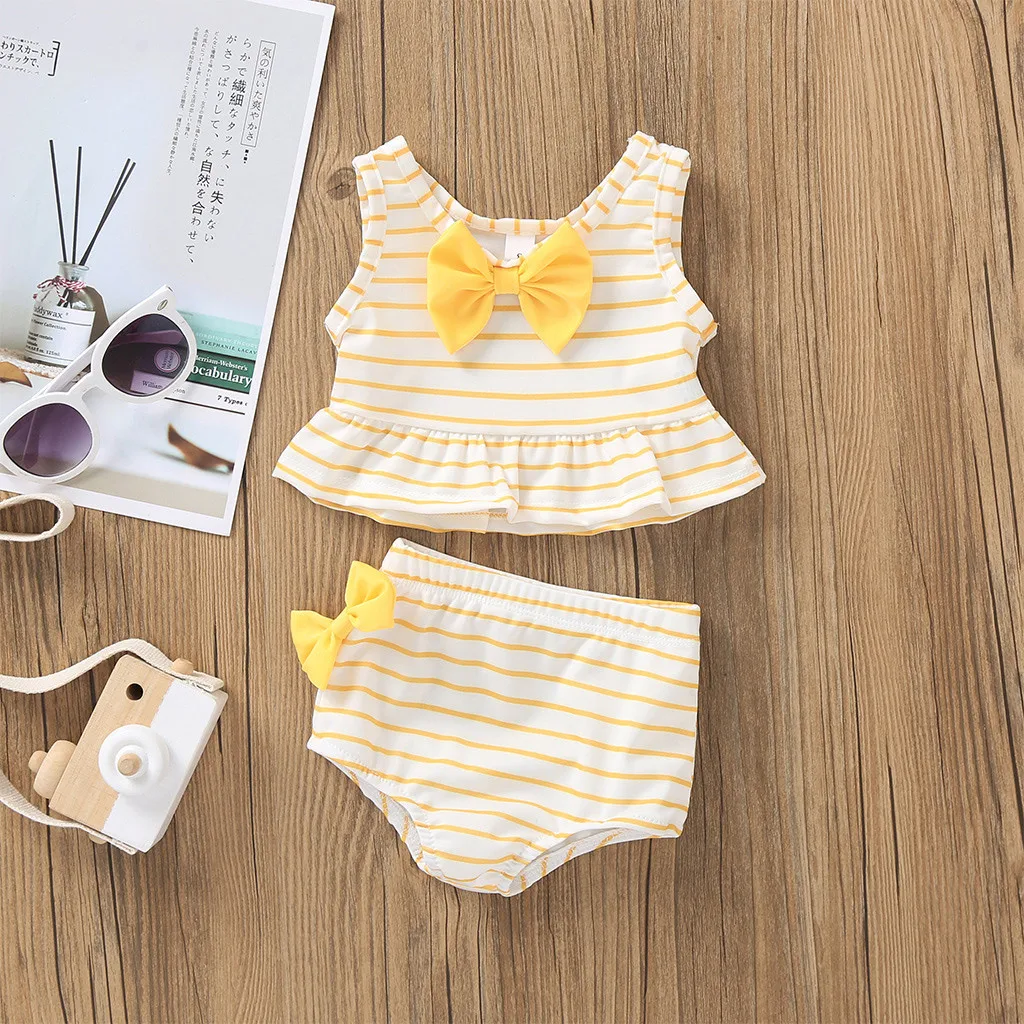 2pcs Toddler Baby Girls Swimwear Bow Striped Print Swimsuits 2pcs Bikini Set Beachwear Bathing Suit Beachwear Baby Clothing Set