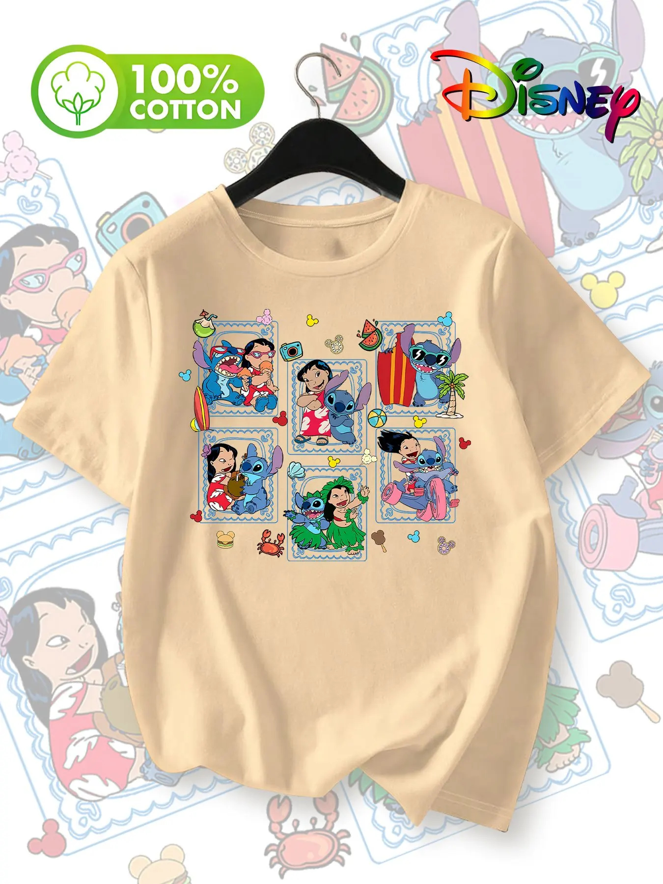 Camiseta de manga corta con cuello redondo y estampado de escena hawaiana de Lilo & Stitch de Disney para mujer, 100 % algodón, informal