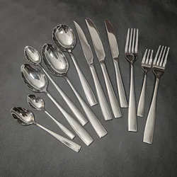 Silver Square Handle Western Cutlery Sets Stainless Steel Table Service Dining Fork Spoon Knife Full Set Hotel Kitchen Supply