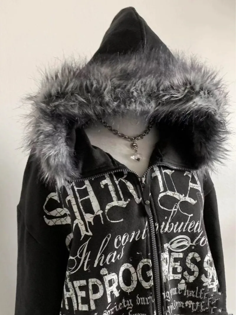 

American Retro Black Zipper Hoodie Sweatshirt Harajuku Y2K Letter Pattern Velvet Cardigan Sweatshirt Fur Collar Jacket Autumn