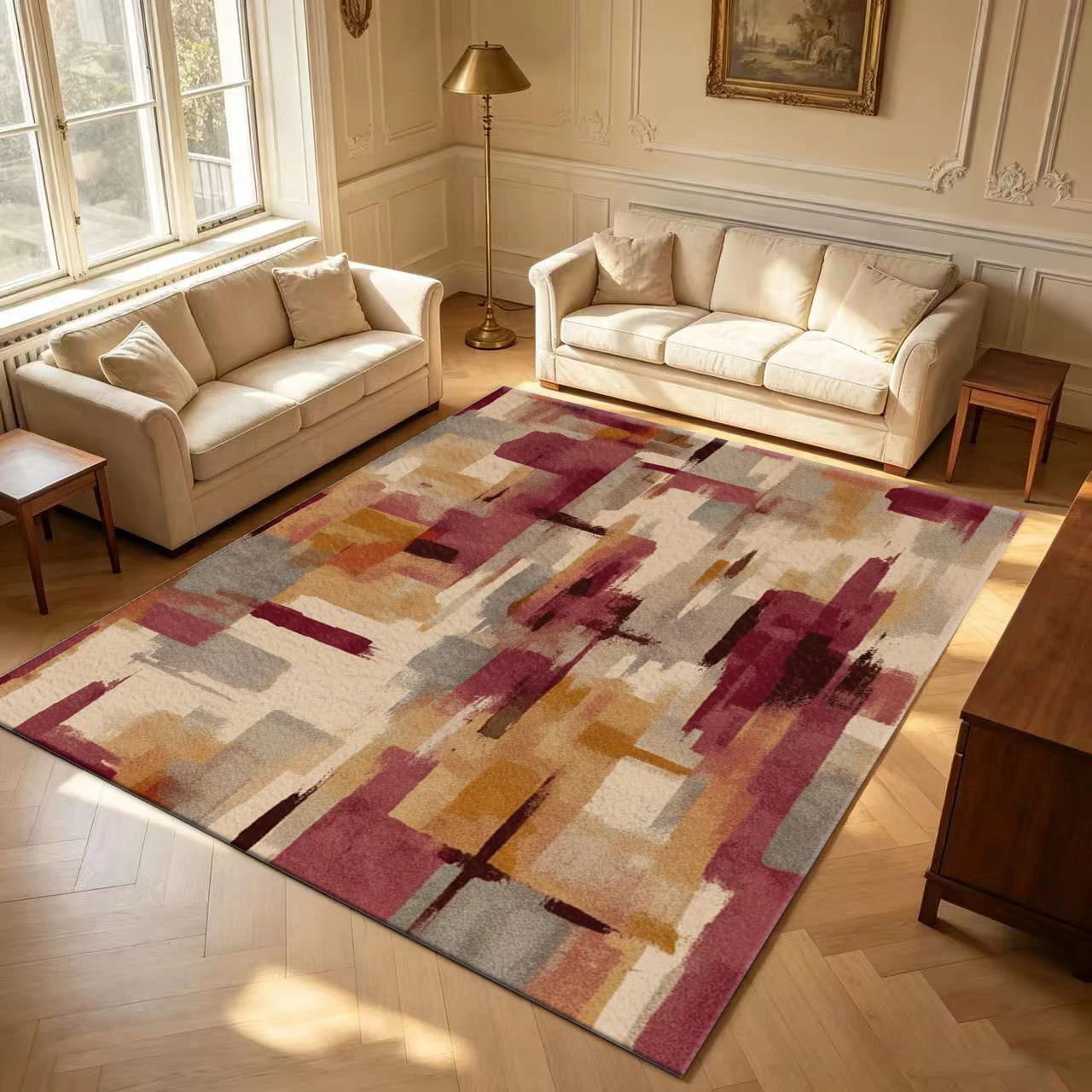 Wine Red Yellow Paintbrush Strokes Abstract Carpet Modern Art Non-Slip Rug Suitable for Living Room Bedroom Home Interior Decoration