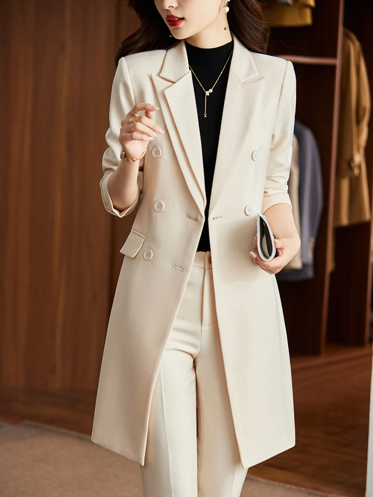 Women\'s Formal Lengthen Blazer Business Suits,Female Winter High End Fabric Office Clothes, Ladies Jacket and Long Pants 2 Pcs