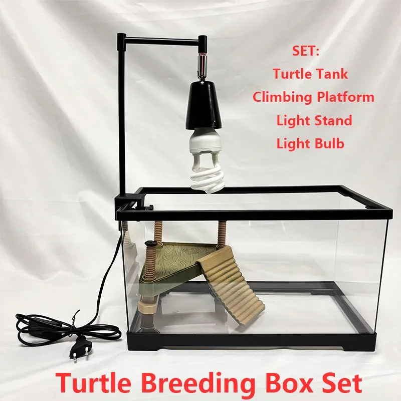 

Reptile Anti-Escape Cage 220V 13/26W Transparent Turtle Tank with Climbing Platform Light Bulb Lightstand Turtles Breeding Set