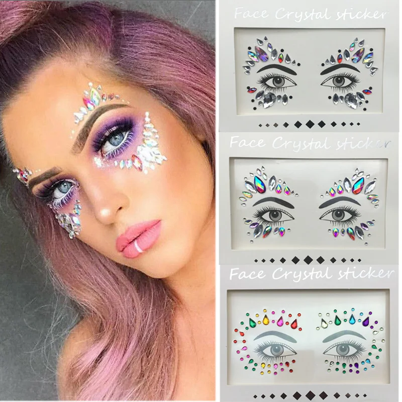 3D Crystal Stickers Music Festival Shiny Face Resin Decorations Party Fashion Acrylic Drill Stickers Temporary Tattoos Stickers