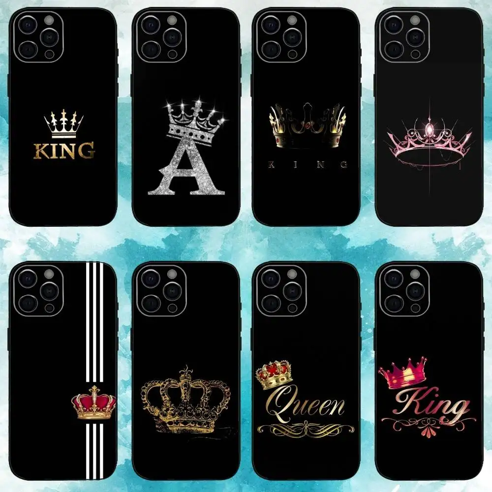 

K-KING Queen Crown Letter Phone Case For iPhone17,16,15,14,13,12,11 Plus,Pro Max Soft Black Cover