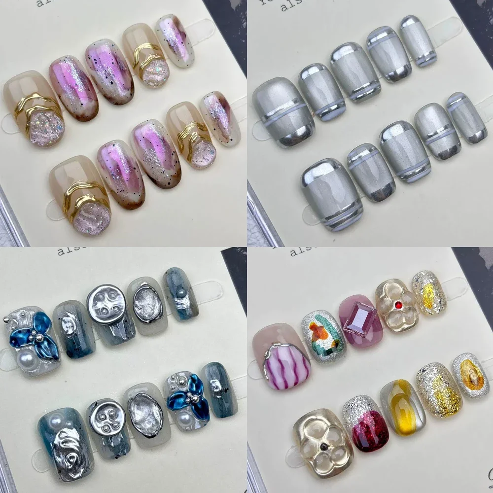 

10Pcs Light Luxury Cateye Short Round Square Ellipse Shape Handmade Press On Nails Bowknot Pearlflower False Nails Festival Gift