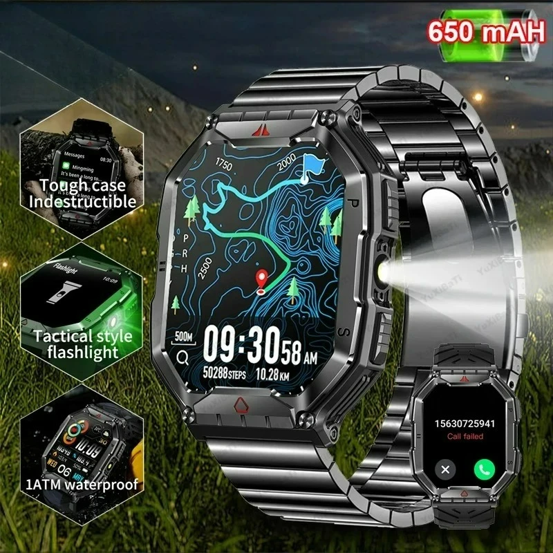 2026 New Military Smart Watch Men 2.01inch HD Screen 650mAh IP68 Outdoor Sports Tracker 24Hours Health Monitoring Smartwatch