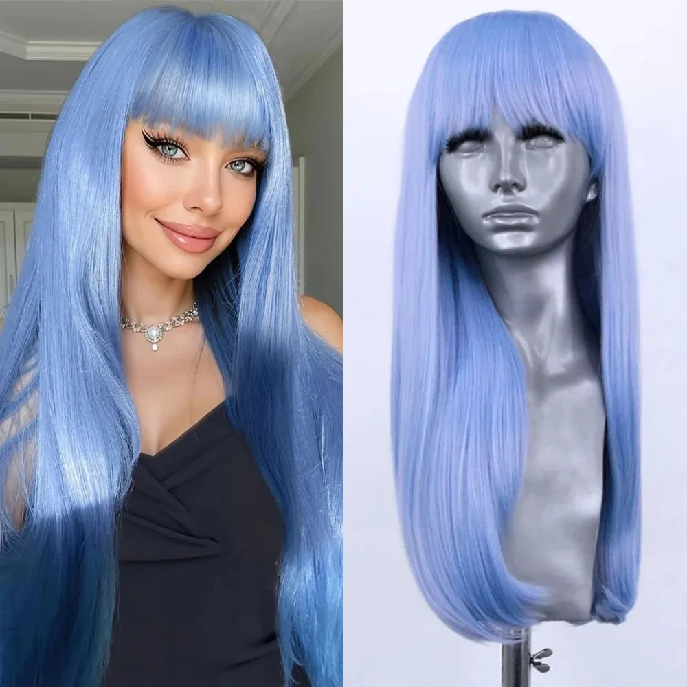 Light Blue Wig Straight Lace Front Wig With Bangs 13x4 HD Glueless High Quality Synthetic And Blend Lace Wig Pre Plucked Cosplay