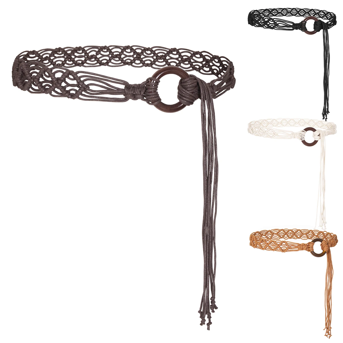 2025 New Bohemian Macrame Braided Belt Black Camel Beige Long Rope Woven Knot Ethnic Style Handmade Holiday Women Belts BZ0003