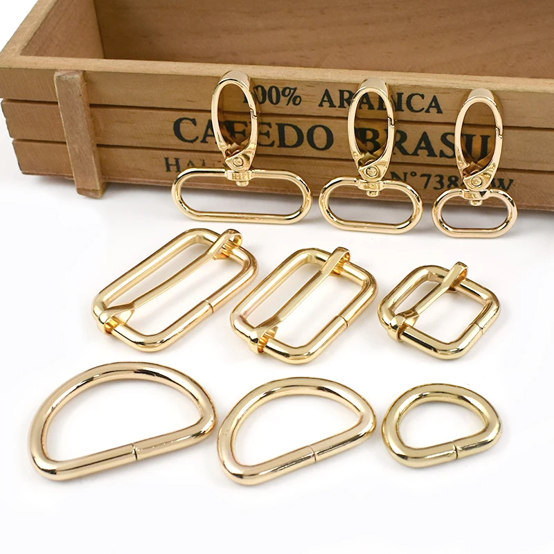 

5/10P 20-38mm LightGold Metal Buckle Bag Strap Tri-glide Slider Clasp Dog Collar Spring Snap Hook Keychain O D Ring Buckles Kits
