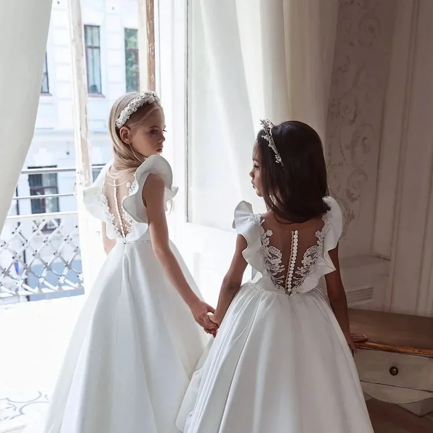 

Children's White Satin Evening Dress Long Train Princess Pageant Birthday Prom Piano Fashion Show First Communion Outfit