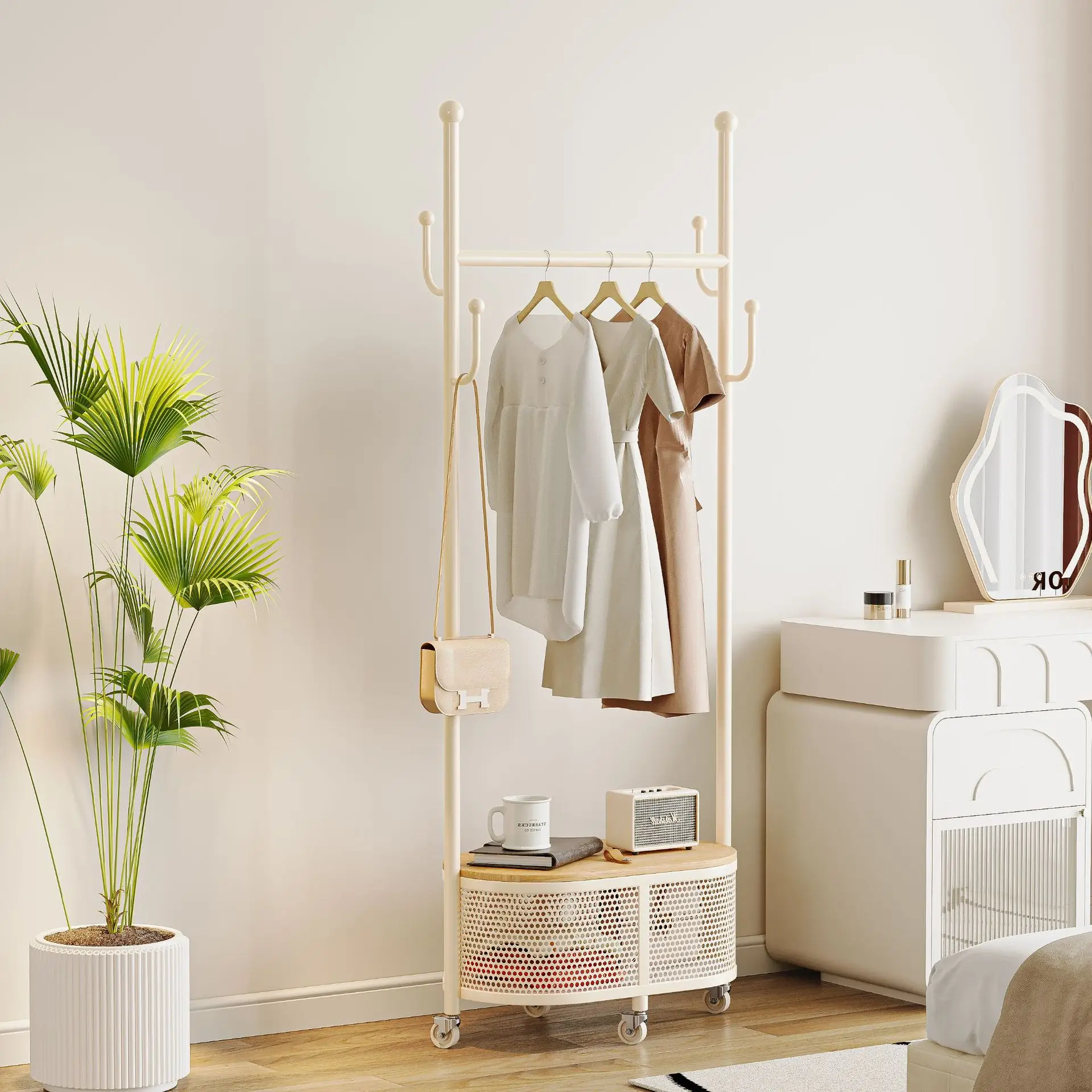 

Wrought iron French cactus floor-to-ceiling bedroom clothes and hats mobile bedside clothes rack